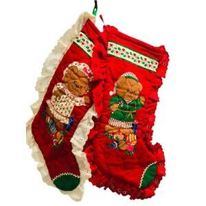 Vintage Handmade Christmas Stocking SET Red Quilted Mr /Mrs Teddy Bear Lace Trim